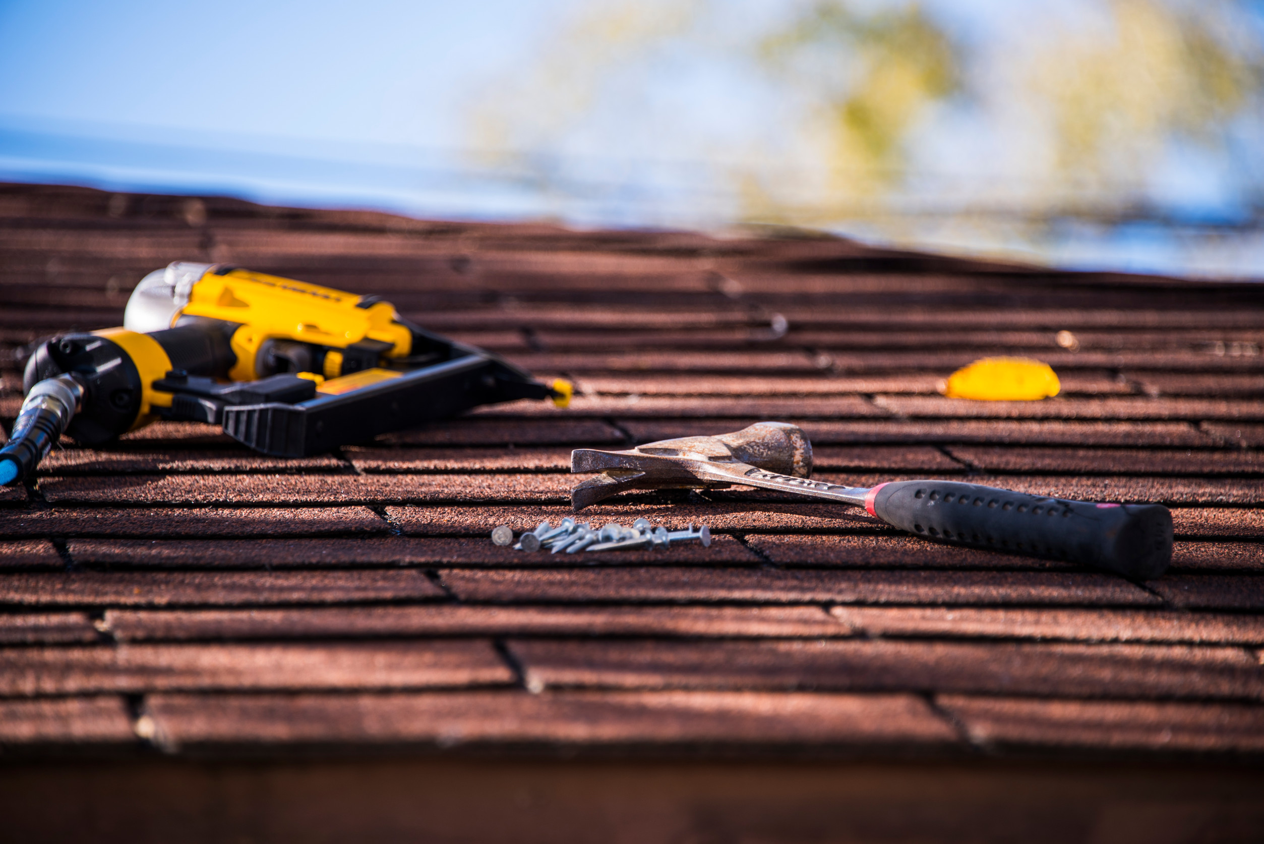 A close-up of a brown shingle roof. On the roof, there's a black and yellow nail gun, a hammer with a black handle, and several nails scattered nearby. The background shows a blurred view of trees and a clear blue sky.