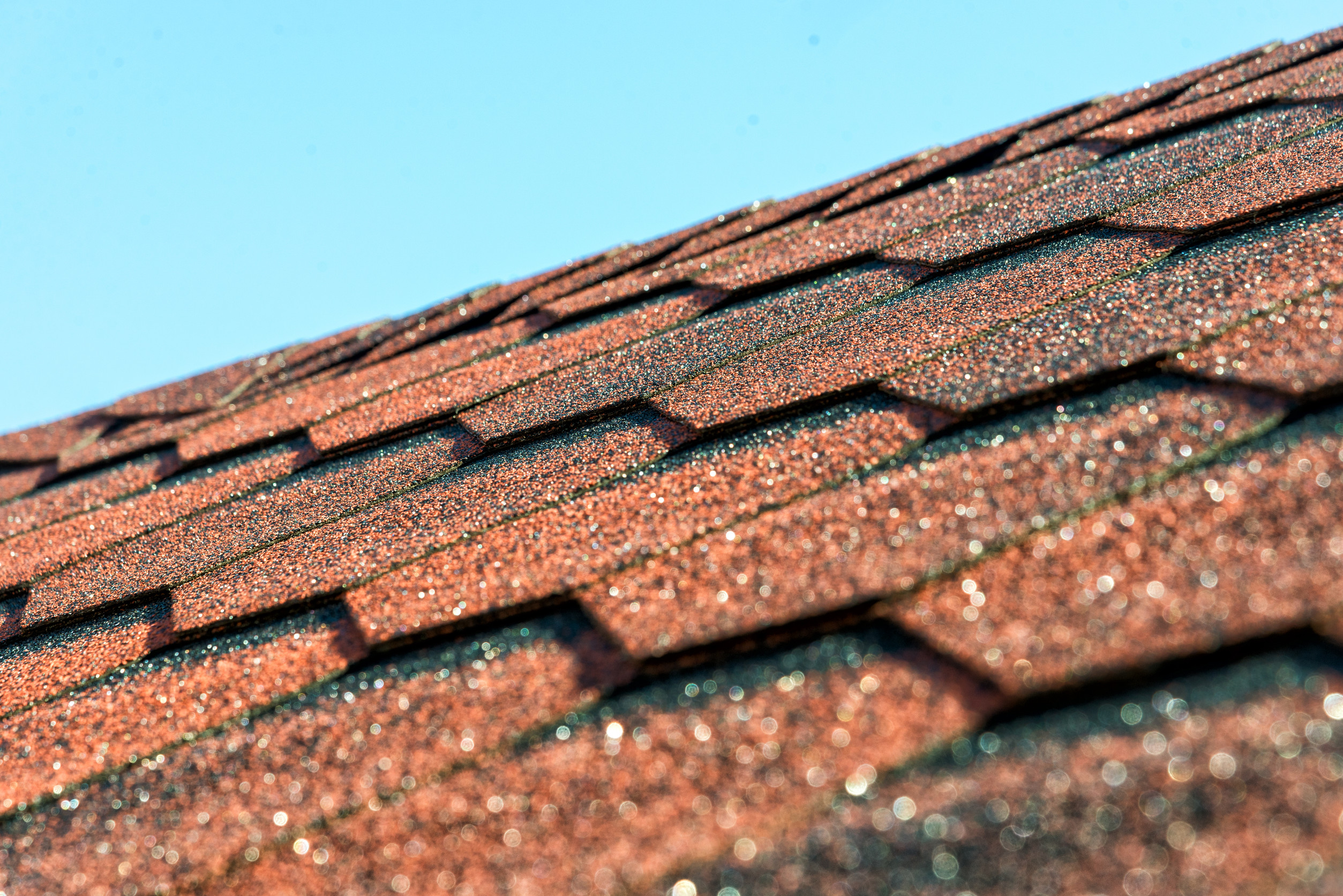 Close-up of a red shingle roof with sunlight reflecting on the textured surface under a clear blue sky, offering insights for homeowners on roof repair and maintenance.