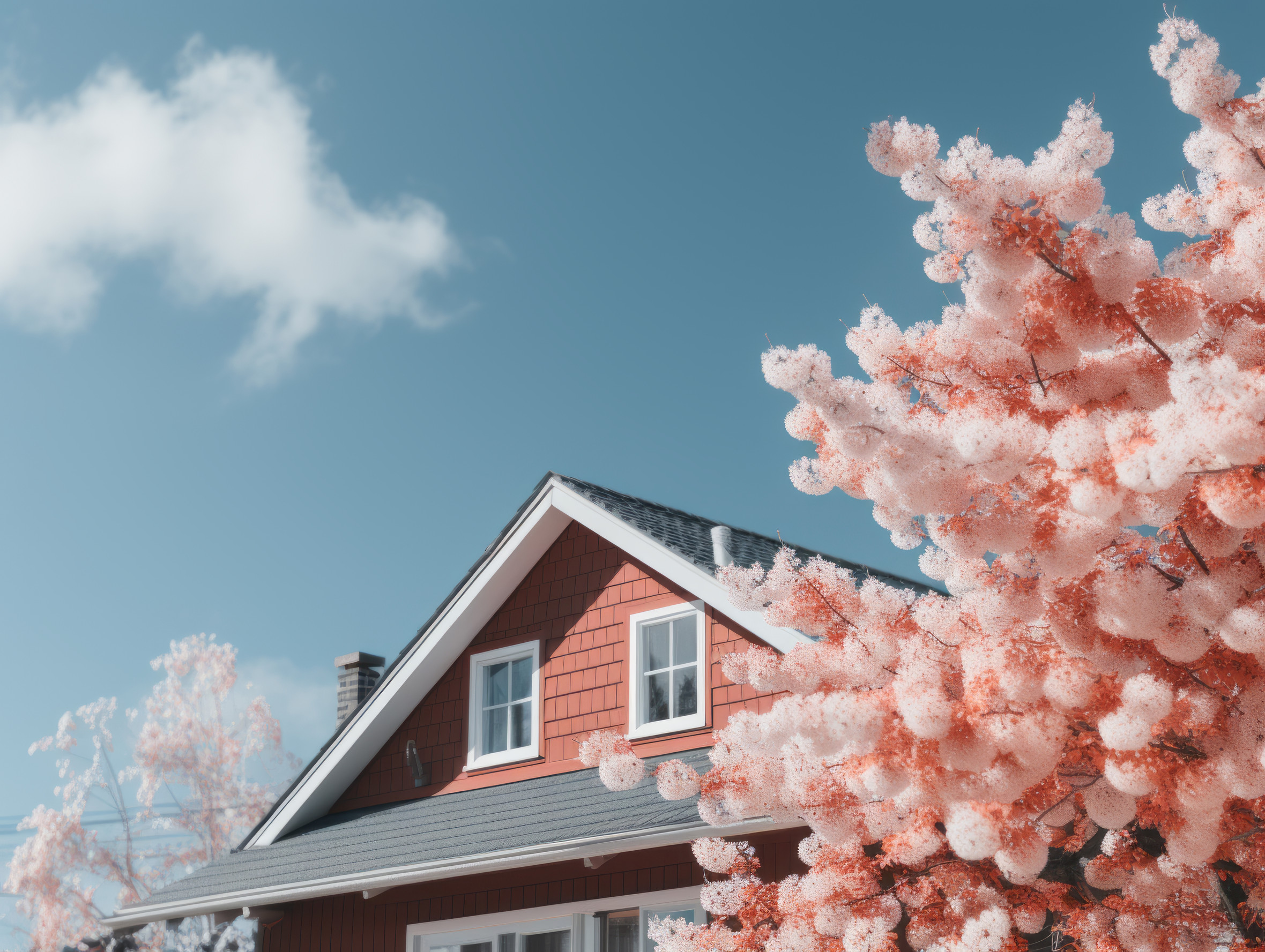 A red house with white trim peeks out beneath a clear blue sky, its well-maintained roof framed by the vibrant contrast of a pink tree in bloom. A few white clouds drift above, heralding the time for essential tips on spring roof preparation and maintenance.