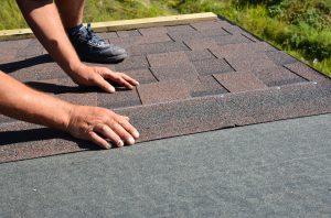 A person installs asphalt shingles on a roof, following roof replacement steps and using both hands to position a shingle over roofing underlayment. Sunlight highlights the worker’s arms and shoes, with green grass visible in the background.