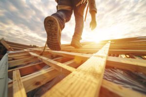 A construction worker walks across a wooden roof frame at sunrise, wearing work boots and gloves. The perspective is low, focusing on the worker’s foot and the sun shining through the clouds in the background.