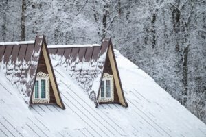 Snow-covered roof with two triangular dormer windows, each framed by decorative trim. The background shows leafless trees dusted in snow, creating a wintry forest scene.
