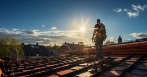 A construction worker specializing in roofing stands on a tiled roof at sunset, wearing a safety harness and surveying Brainerd Lakes homes and trees beneath a blue sky with scattered clouds—a scene many homeowners recognize.