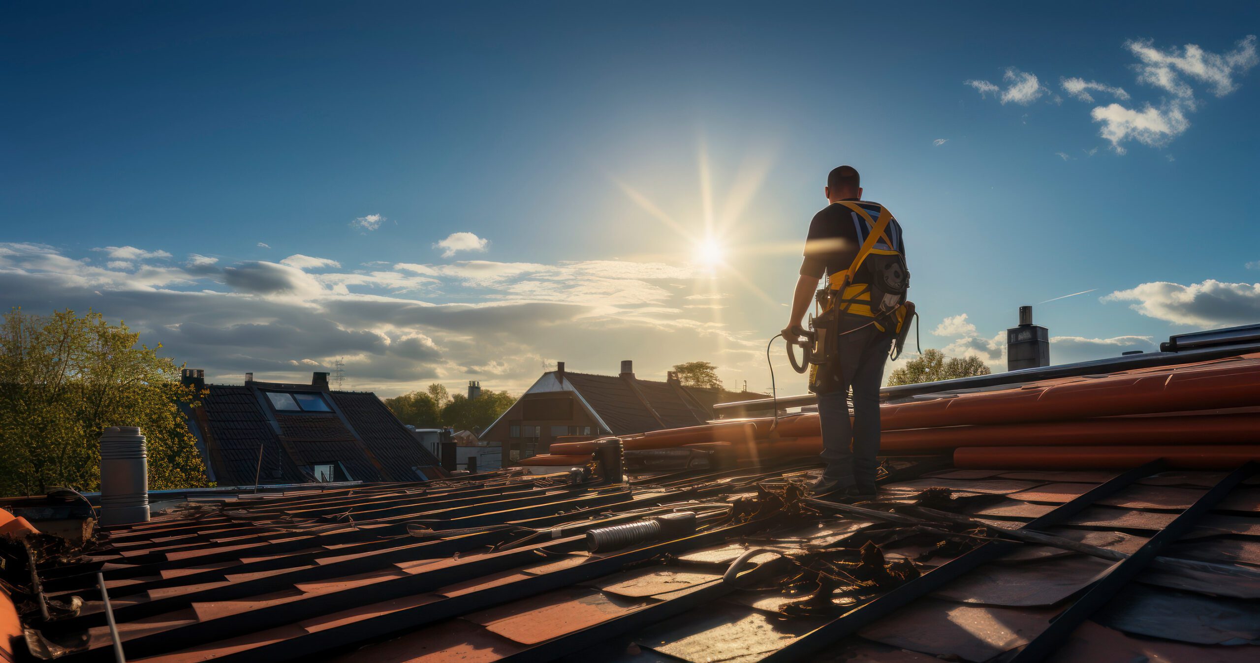 A construction worker specializing in roofing stands on a tiled roof at sunset, wearing a safety harness and surveying Brainerd Lakes homes and trees beneath a blue sky with scattered clouds—a scene many homeowners recognize.