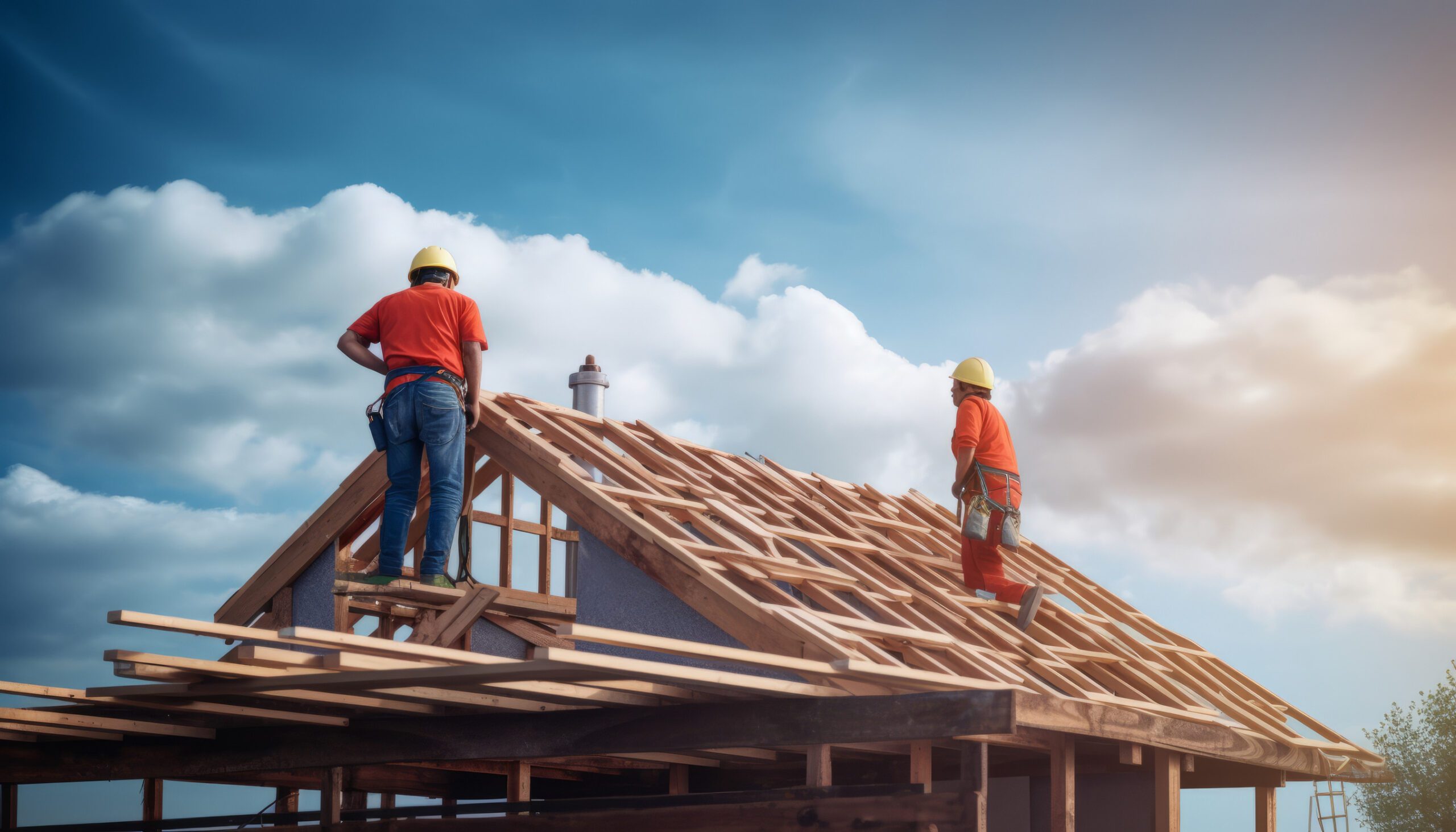 Two construction workers wearing yellow helmets and red shirts work on the wooden frame of a house roof under a partly cloudy sky. Sunlight shines from the right, highlighting skilled roofing services in this Brainerd Lakes Roofing project.