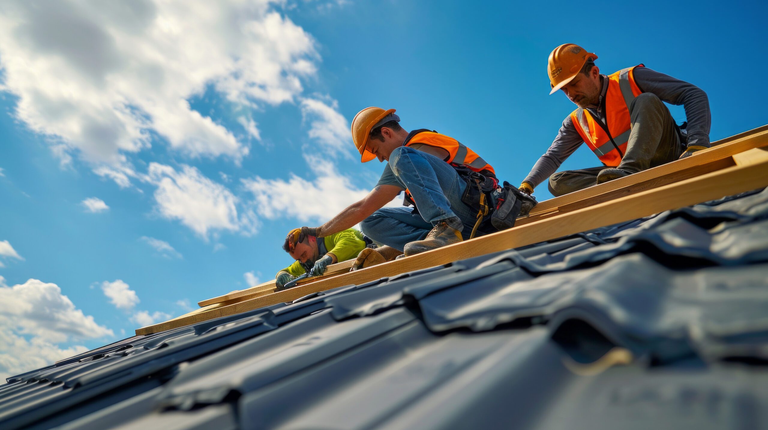 Three construction workers in safety vests and helmets demonstrate roofing excellence as they install wooden beams and roofing panels on a sloped roof under a bright blue sky with scattered clouds.